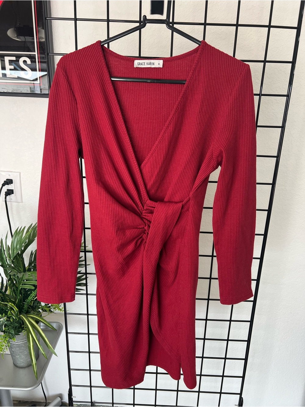 Grace Karin Burgundy Ribbed Twist-Waist Long Sleeve Dress